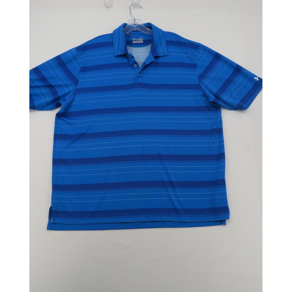 Under Armour Mens XL Loose HeatGear Blue Striped Short Sleeve Golf Polo Shirt